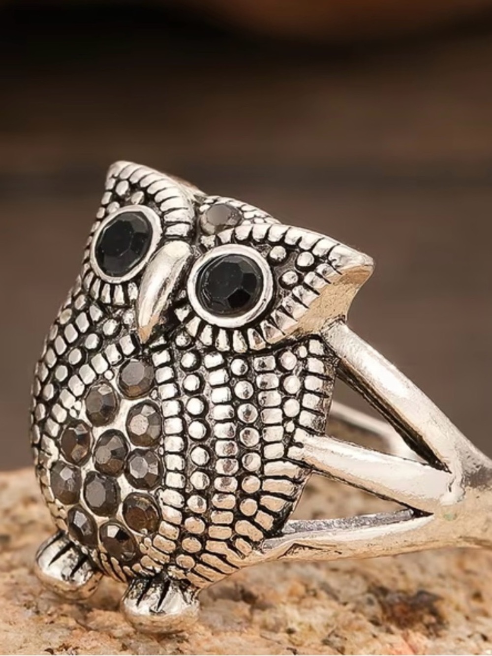 Owl Silhouette Silver Ring with Black Stones
